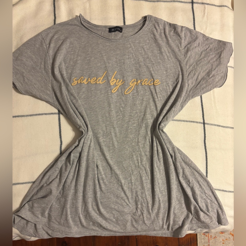 Gray Short Sleeve Tee-Shirt Dress with Gold Script Saved by Grace